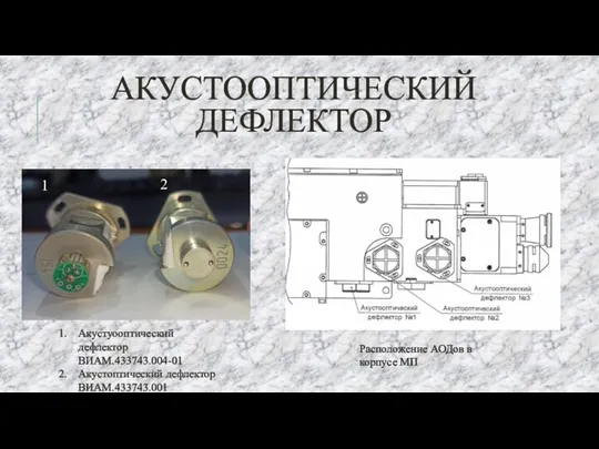 АКУСТООПТИЧЕСКИЙ ДЕФЛЕКТОР Акустуооптический дефлектор ВИАМ.433743.004-01 Акустоптический дефлектор ВИАМ.433743.001 1 2 Расположение АОДов в корпусе МП