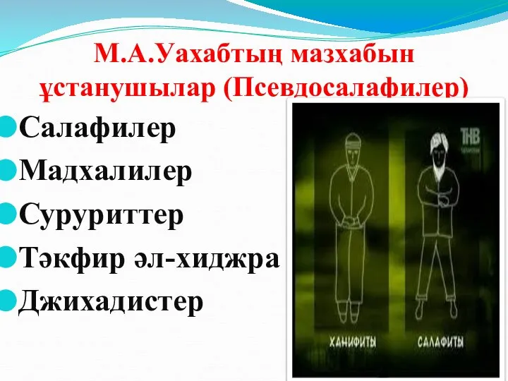 М.А.Уахабтың мазхабын ұстанушылар (Псевдосалафилер) Салафилер Мадхалилер Суруриттер Тәкфир әл-хиджра Джихадистер