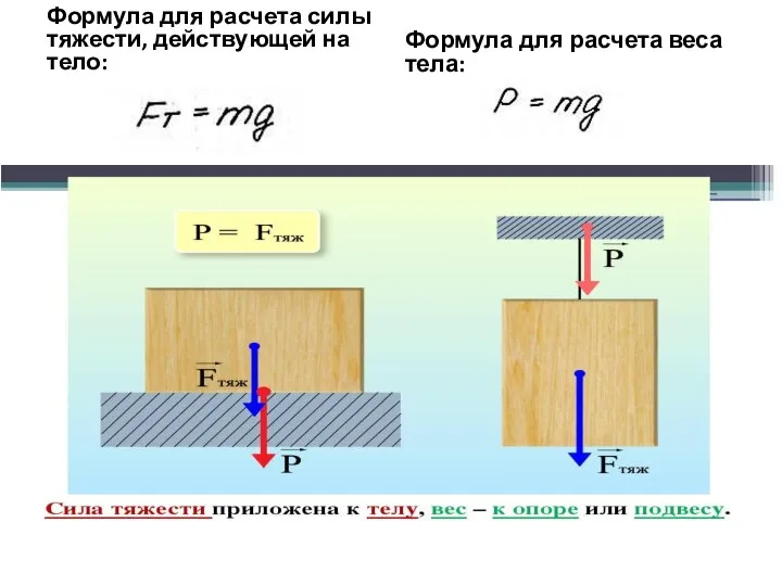 Формула для расчета силы тяжести, действующей на тело: Формула для расчета веса тела: