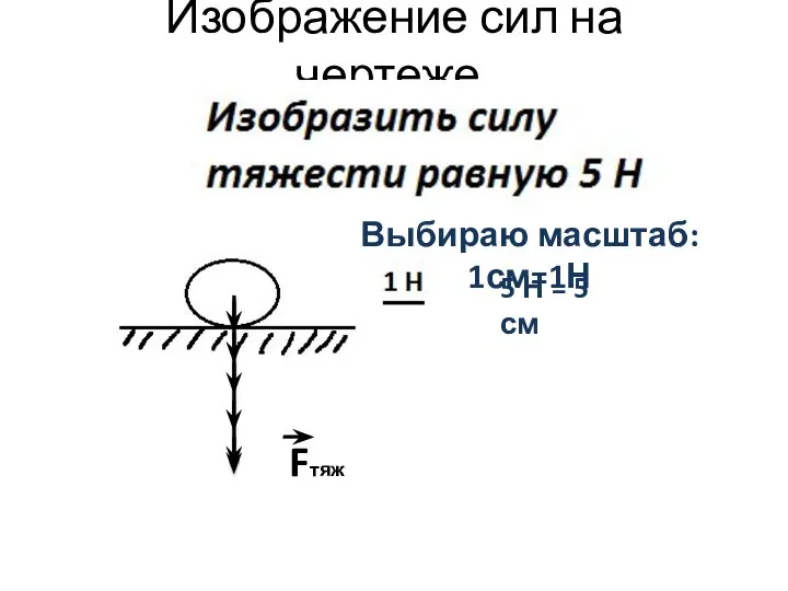 Изображение сил на чертеже. Выбираю масштаб: 1см=1Н Fтяж 5 Н = 5 см