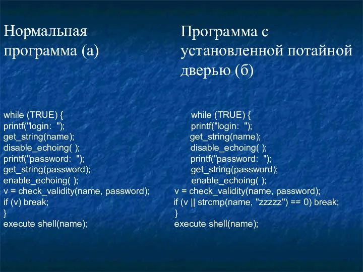 Нормальная программа (а) while (TRUE) { while (TRUE) { printf("login: ");