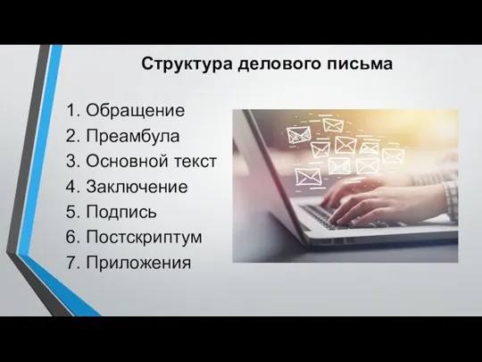 Структура делового письма 1. Обращение 2. Преамбула 3. Основной текст 4.