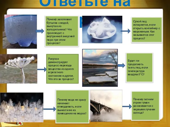 Ответьте на вопросы Почему запотевает бутылка с водой, вынутая из холодильника?