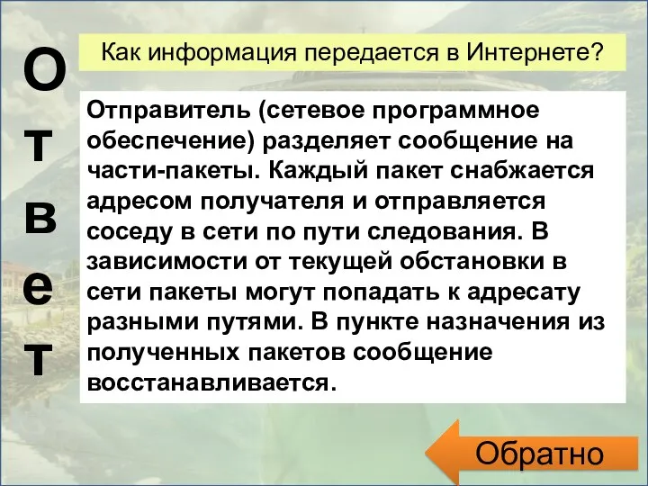 Ответ Обратно Как информация передается в Интернете? Отправитель (сетевое программное обеспечение)