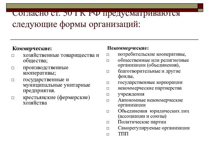 Согласно ст. 50 ГК РФ предусматриваются следующие формы организаций: Коммерческие: хозяйственные