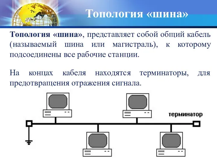 Топология «шина», представляет собой общий кабель (называемый шина или магистраль), к