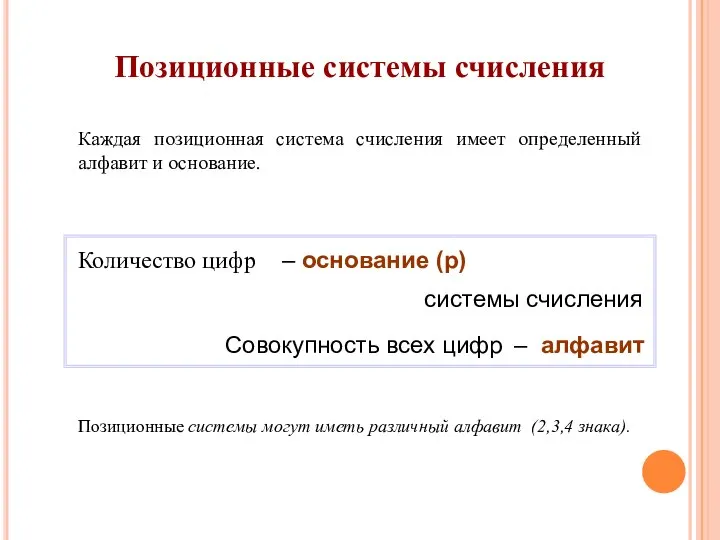 – основание (p) Совокупность всех цифр – алфавит Позиционные системы могут