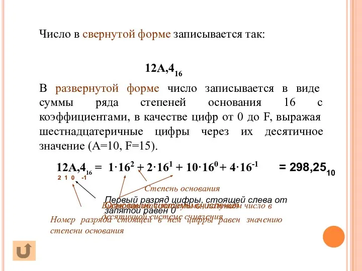 В развернутой форме число записывается в виде суммы ряда степеней основания