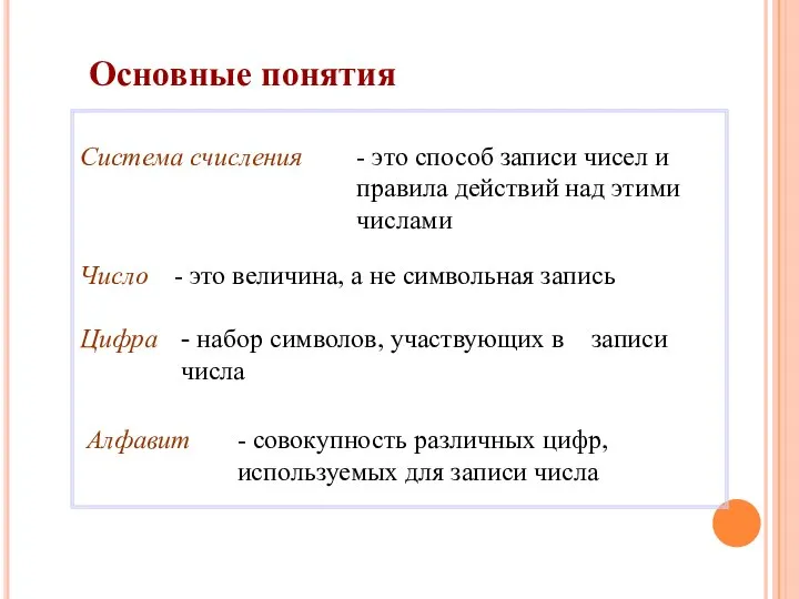 Основные понятия Система счисления - это способ записи чисел и правила