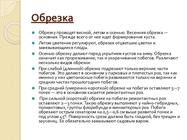 Обрезка Обрезку проводят весной, летом и осенью. Весенняя обрезка — основная.