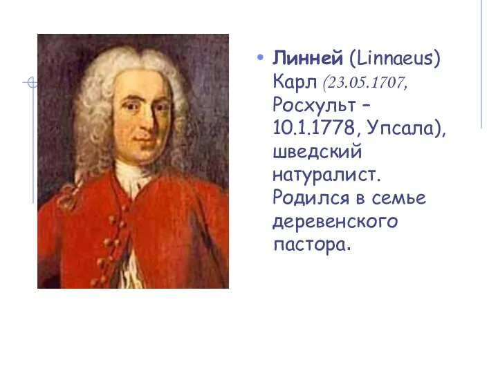 Линней (Linnaeus) Карл (23.05.1707, Росхульт – 10.1.1778, Упсала), шведский натуралист. Родился в семье деревенского пастора.