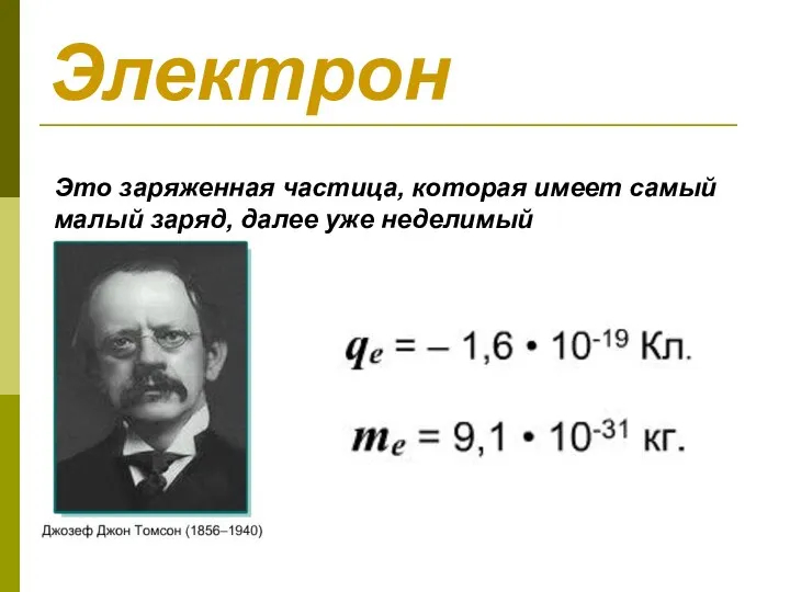 Электрон Это заряженная частица, которая имеет самый малый заряд, далее уже неделимый