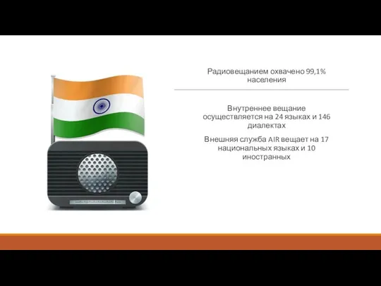 Радиовещанием охвачено 99,1% населения Внутреннее вещание осуществляется на 24 языках и