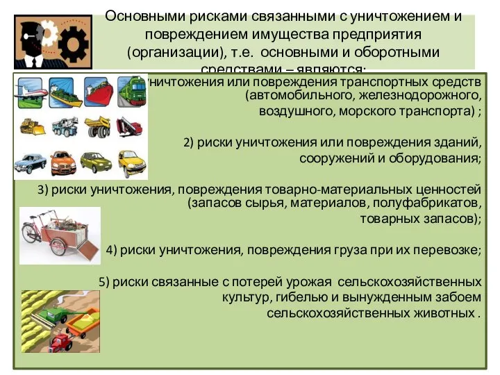 Основными рисками связанными с уничтожением и повреждением имущества предприятия (организации), т.е.