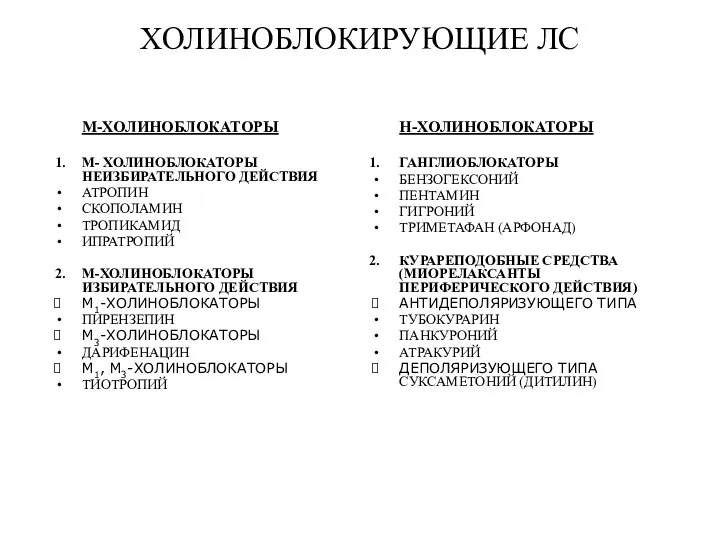 ХОЛИНОБЛОКИРУЮЩИЕ ЛС М-ХОЛИНОБЛОКАТОРЫ 1. М- ХОЛИНОБЛОКАТОРЫ НЕИЗБИРАТЕЛЬНОГО ДЕЙСТВИЯ АТРОПИН СКОПОЛАМИН ТРОПИКАМИД