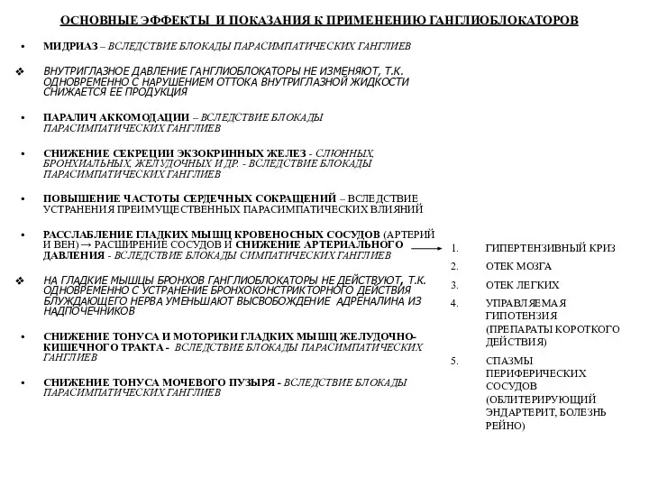 ОСНОВНЫЕ ЭФФЕКТЫ И ПОКАЗАНИЯ К ПРИМЕНЕНИЮ ГАНГЛИОБЛОКАТОРОВ МИДРИАЗ – ВСЛЕДСТВИЕ БЛОКАДЫ