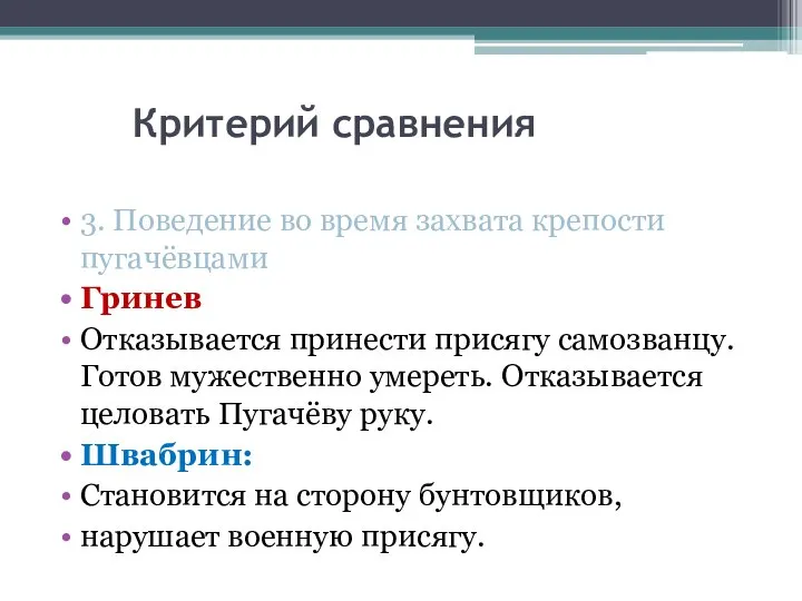 Критерий сравнения 3. Поведение во время захвата крепости пугачёвцами Гринев Отказывается