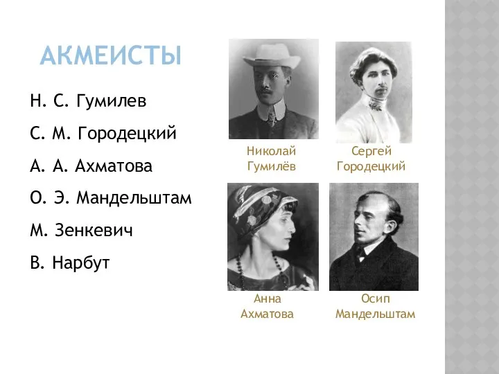 АКМЕИСТЫ Н. С. Гумилев С. М. Городецкий А. А. Ахматова О.