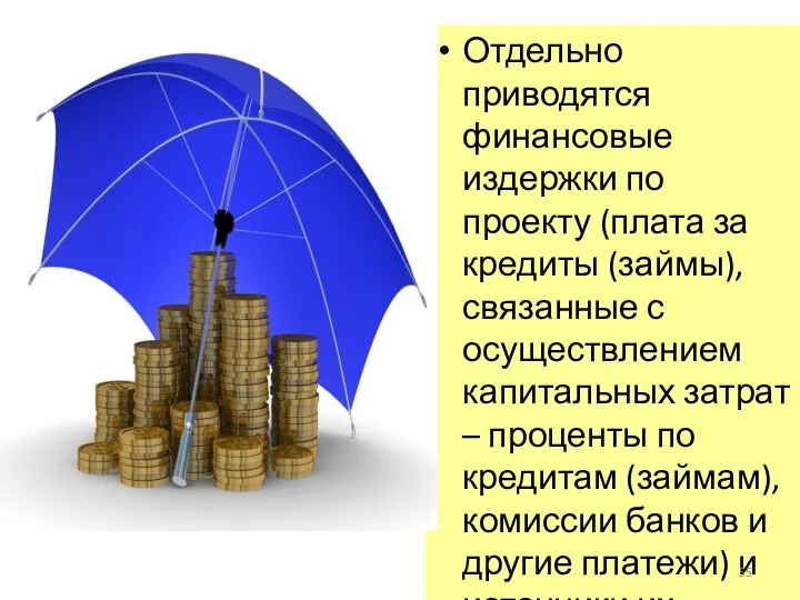 Отдельно приводятся финансовые издержки по проекту (плата за кредиты (займы), связанные