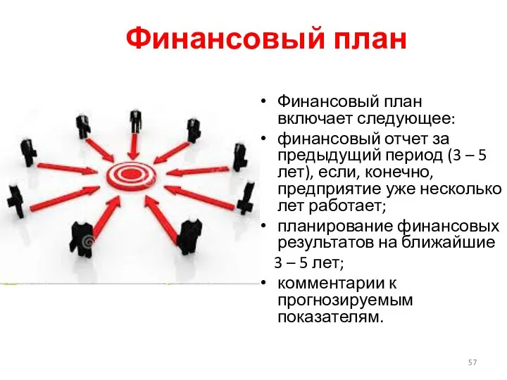 Финансовый план Финансовый план включает следующее: финансовый отчет за предыдущий период