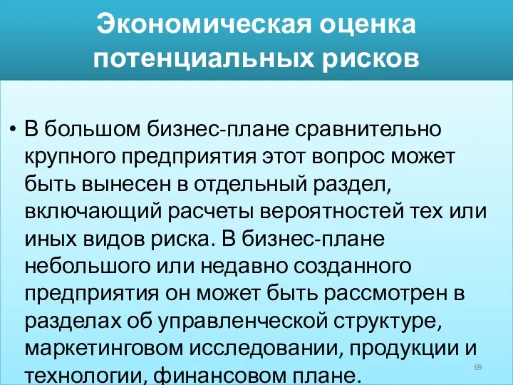 Экономическая оценка потенциальных рисков В большом бизнес-плане сравнительно крупного предприятия этот