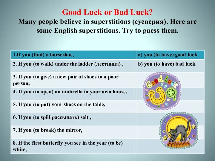 Good Luck or Bad Luck? Many people believe in superstitions (суеверия).