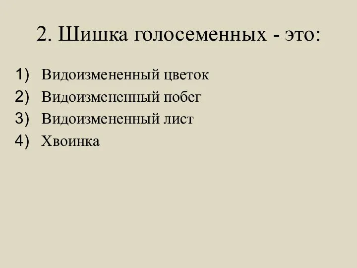 2. Шишка голосеменных - это: Видоизмененный цветок Видоизмененный побег Видоизмененный лист Хвоинка