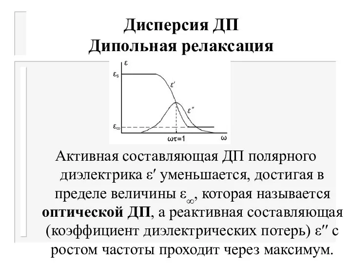 Дисперсия ДП Дипольная релаксация Активная составляющая ДП полярного диэлектрика ε′ уменьшается,