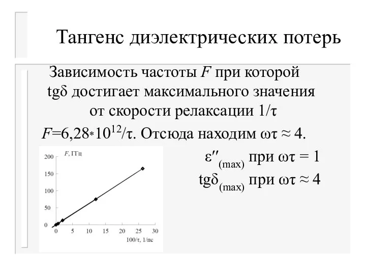 Тангенс диэлектрических потерь Зависимость частоты F при которой tgδ достигает максимального