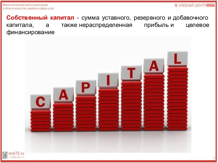 Собственный капитал - сумма уставного, резервного и добавочного капитала, а также нераспределенная прибыль и целевое финансирование