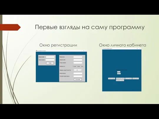 Первые взгляды на саму программу Окно регистрации Окно личного кабинета