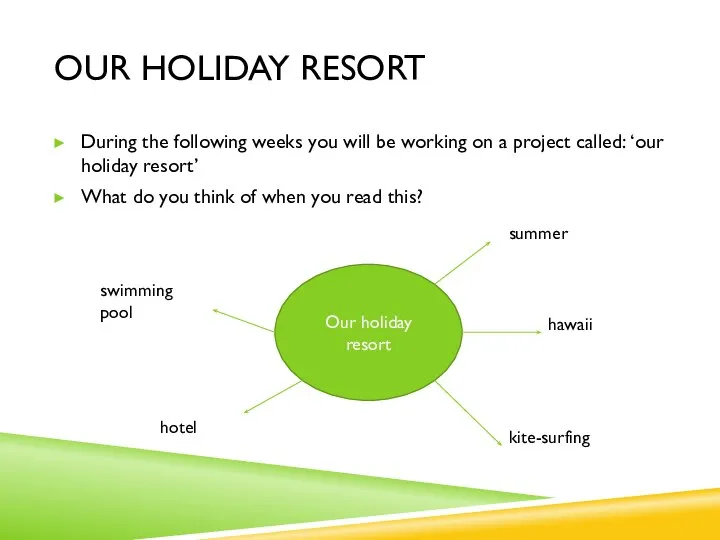 OUR HOLIDAY RESORT During the following weeks you will be working