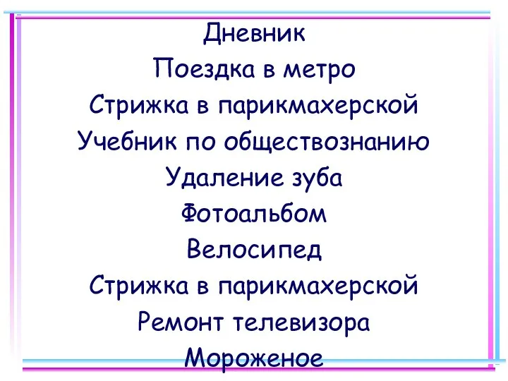 Дневник Поездка в метро Стрижка в парикмахерской Учебник по обществознанию Удаление