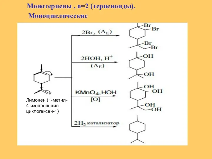 Монотерпены , n=2 (терпеноиды). Моноциклические Химические свойства Лимонен (1-​метил- ​4-​изопропенил- циклогексен-​1)