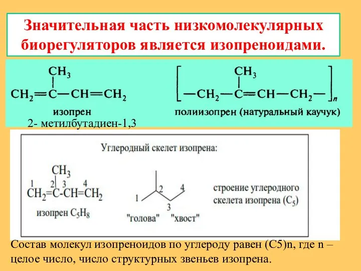 Значительная часть низкомолекулярных биорегуляторов является изопреноидами. 2- метилбутадиен-1,3 Состав молекул изопреноидов