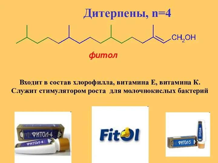 Дитерпены, n=4 фитол Входит в состав хлорофилла, витамина Е, витамина К.