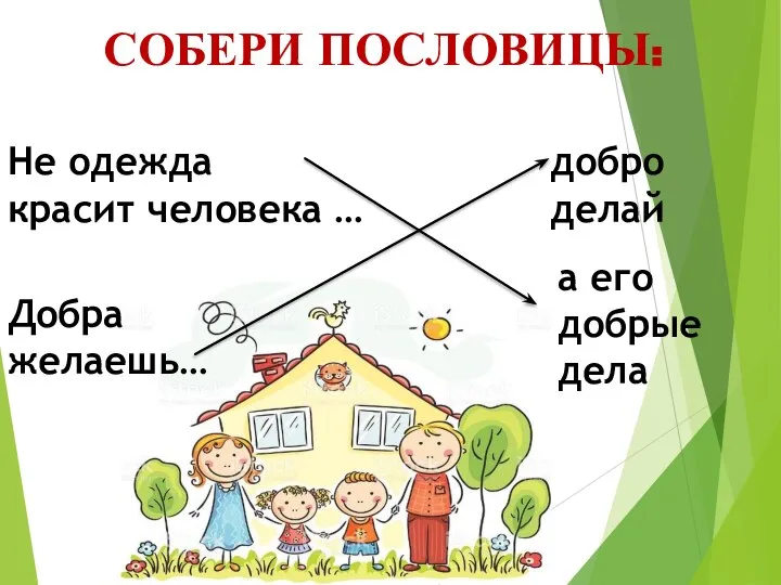 СОБЕРИ ПОСЛОВИЦЫ: Не одежда красит человека … Добра желаешь… добро делай а его добрые дела