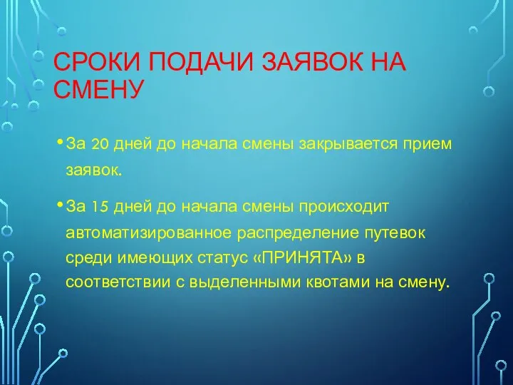 СРОКИ ПОДАЧИ ЗАЯВОК НА СМЕНУ За 20 дней до начала смены