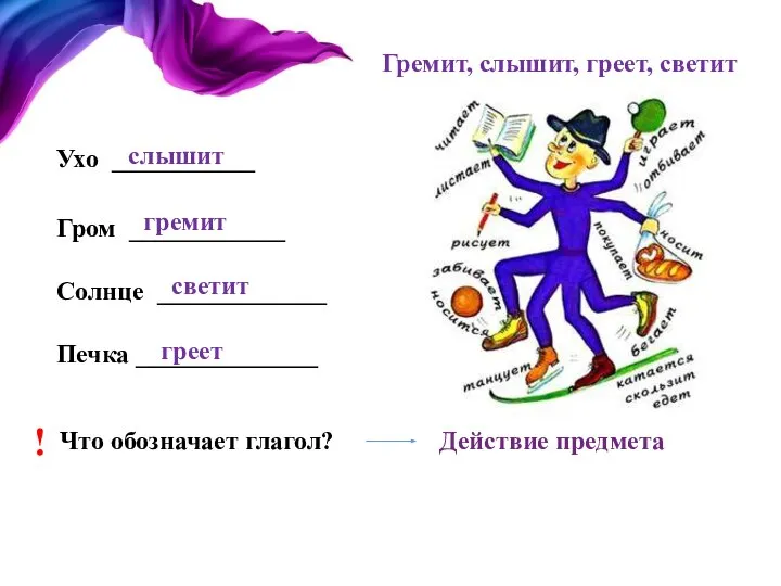 Ухо ___________ Гром ____________ Солнце _____________ Печка ______________ Гремит, слышит, греет,