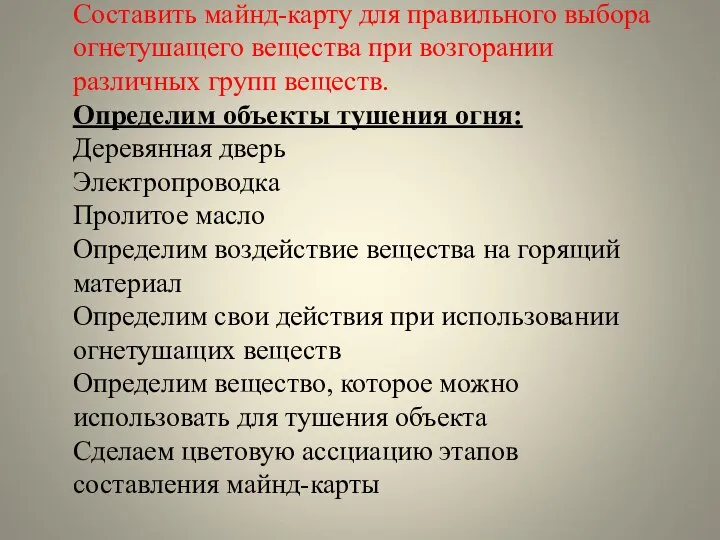 Составить майнд-карту для правильного выбора огнетушащего вещества при возгорании различных групп