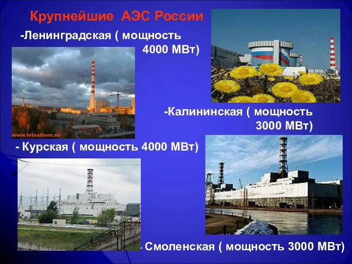 Крупнейшие АЭС России Ленинградская ( мощность 4000 МВт) Калининская ( мощность