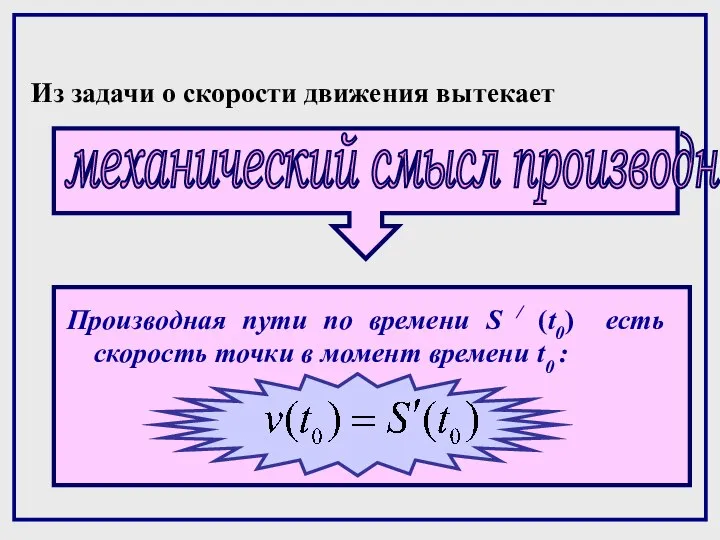 Из задачи о скорости движения вытекает Производная пути по времени S