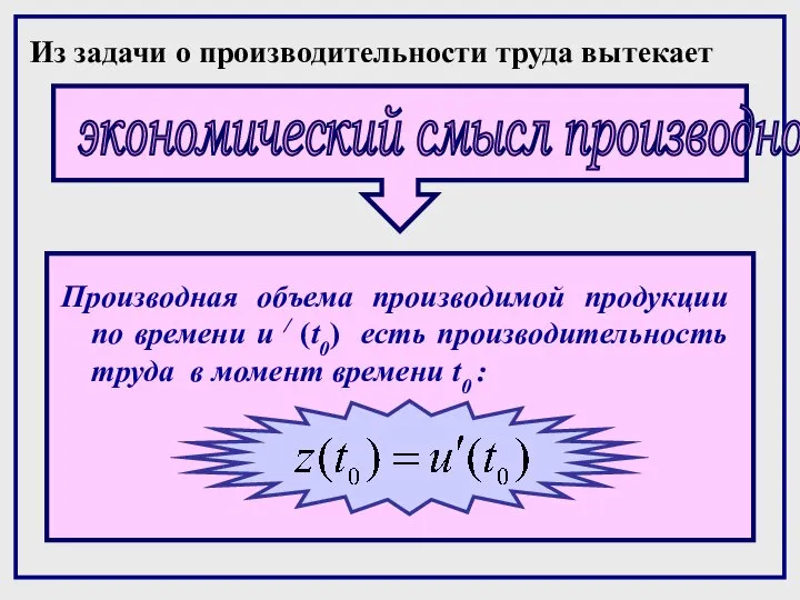 Производная объема производимой продукции по времени u / (t0) есть производительность