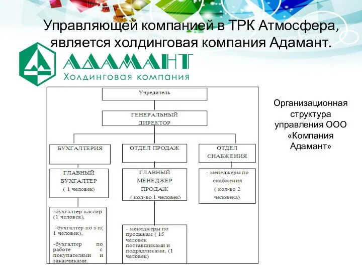 Управляющей компанией в ТРК Атмосфера, является холдинговая компания Адамант. Организационная структура управления ООО «Компания Адамант»