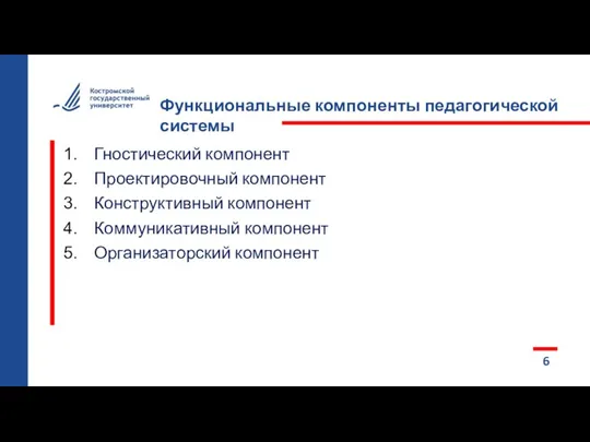 Функциональные компоненты педагогической системы 6 П Гностический компонент Проектировочный компонент Конструктивный компонент Коммуникативный компонент Организаторский компонент