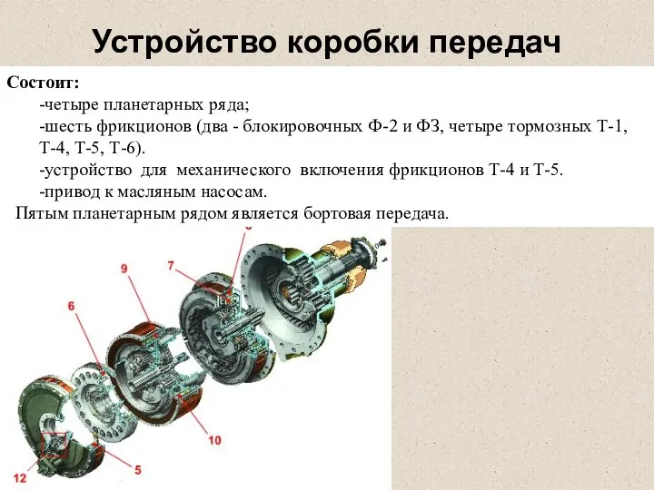 Устройство коробки передач Состоит: -четыре планетарных ряда; -шесть фрикционов (два -