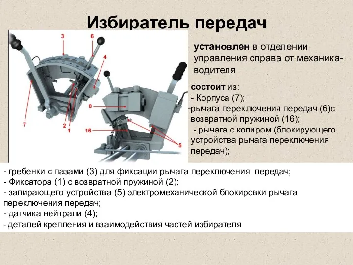 Избиратель передач установлен в отделении управления справа от механика-водителя - гребенки