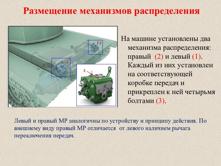 Размещение механизмов распределения На машине установлены два механизма распределения: правый (2)