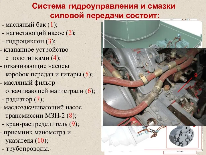 Система гидроуправления и смазки силовой передачи состоит: - масляный бак (1);