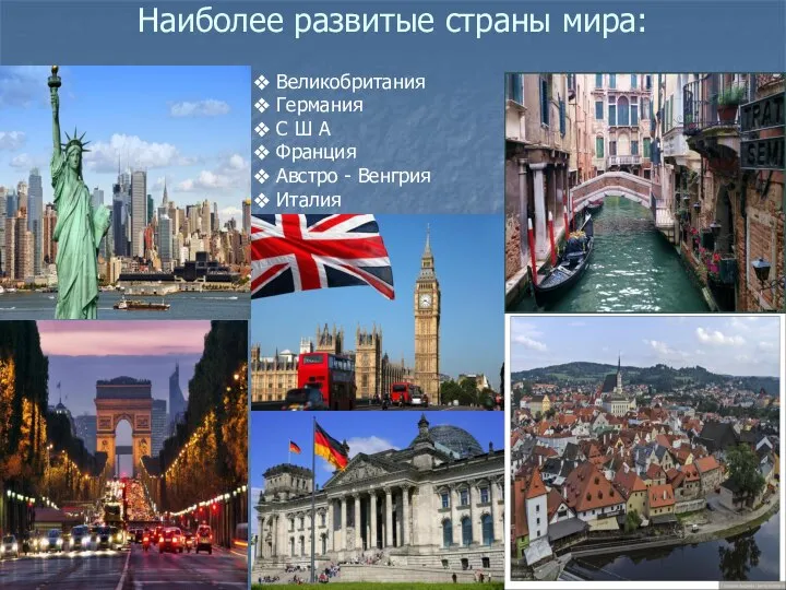 Наиболее развитые страны мира: Великобритания Германия С Ш А Франция Австро - Венгрия Италия
